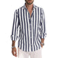 【Acquista 2 spedizione gratuita】Manica lunga button down a righe in cotone e lino da uomo-2