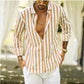 【Acquista 2 spedizione gratuita】Manica lunga button down a righe in cotone e lino da uomo-3