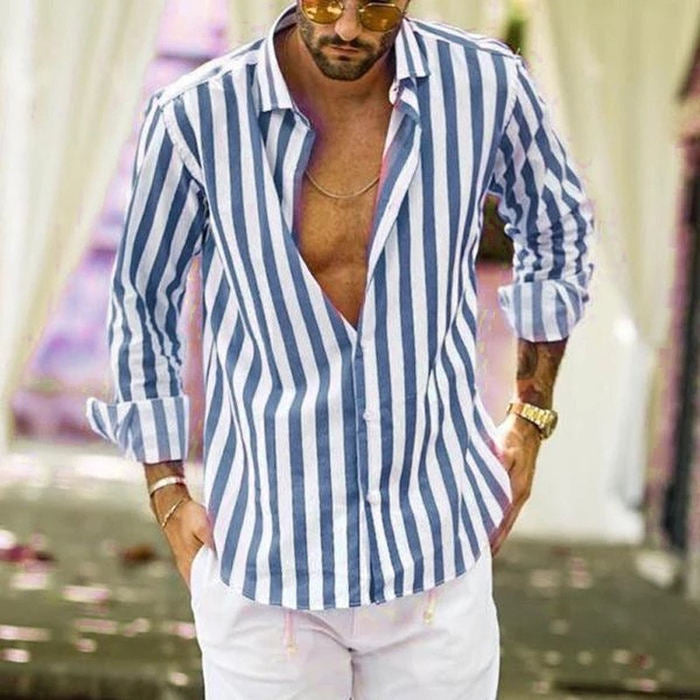 【Acquista 2 spedizione gratuita】Manica lunga button down a righe in cotone e lino da uomo-6