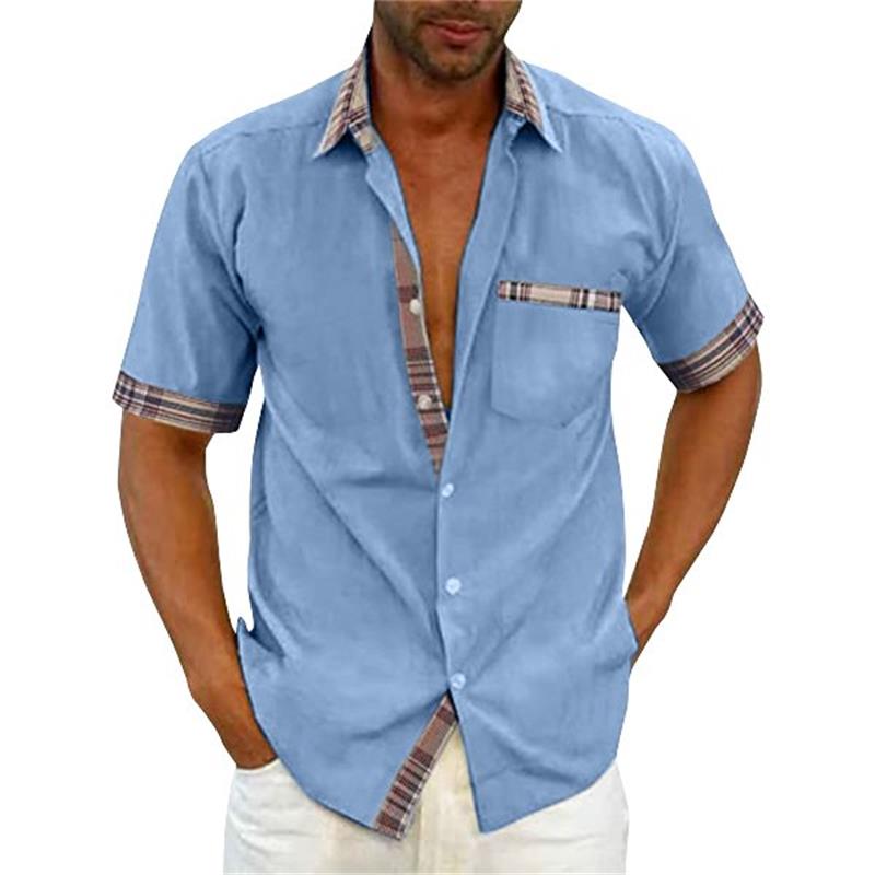 Camicia estiva casual da uomo con colletto scozzese-3