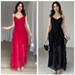 Women's Elegant Spaghetti Strap Ruffle Layered Maxi Dress