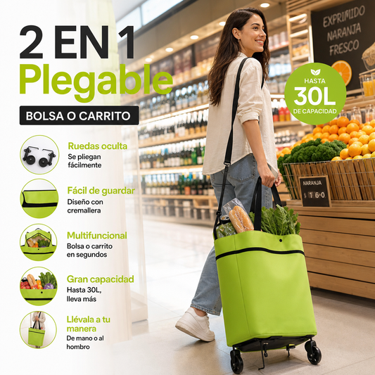 🛒🔥 50% OFF POR TIEMPO LIMITADO | Carro de Compra Plegable 2 en 1 ✨ Bolsa de 30L con Ruedas Ocultas, Ligera y Fácil de Transportar
