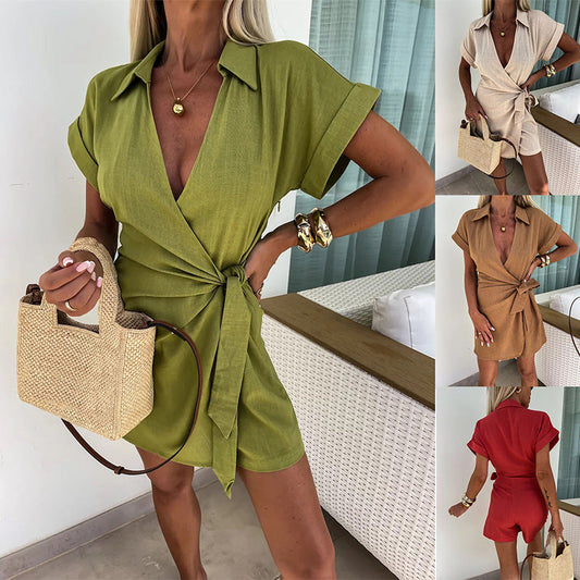 💕La tuta da donna in cotone e lino con scollo a V, leggera e traspirante, esprime appieno il suo temperamento elegante.
