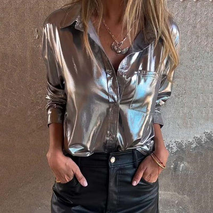 🍂Offerte speciali autunnali 50% DI SCONTO🍂Camicia da donna in pelle metallizzata luccicante con bottoni