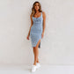 Vestito Denim Aderente con Spalline Regolabili e Scollatura a U
