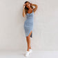Vestito Denim Aderente con Spalline Regolabili e Scollatura a U