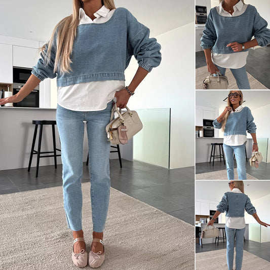 🌹Set Donna Fashion a Maniche Lunghe in Denim con Top e Pantaloni