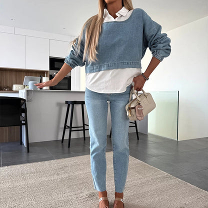 🌹Set Donna Fashion a Maniche Lunghe in Denim con Top e Pantaloni
