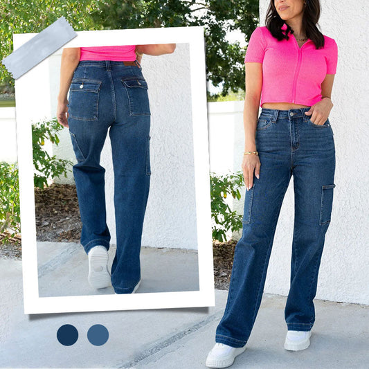 Jeans cargo elasticizzati a vita alta e gamba larga da donna