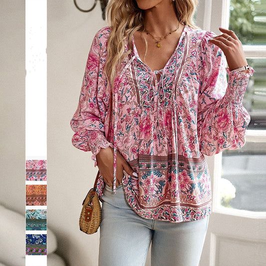 💖Camicia da donna alla moda con stampa, scollo a V e maniche lunghe