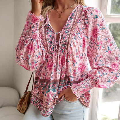 💖Camicia da donna alla moda con stampa, scollo a V e maniche lunghe