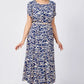 Damen Trendy Blau Print Kurzarm Kleid mit Gürtel