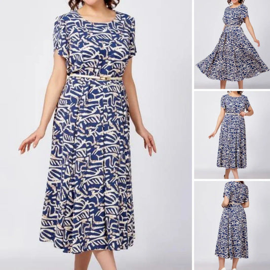 Damen Trendy Blau Print Kurzarm Kleid mit Gürtel