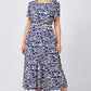 Damen Trendy Blau Print Kurzarm Kleid mit Gürtel
