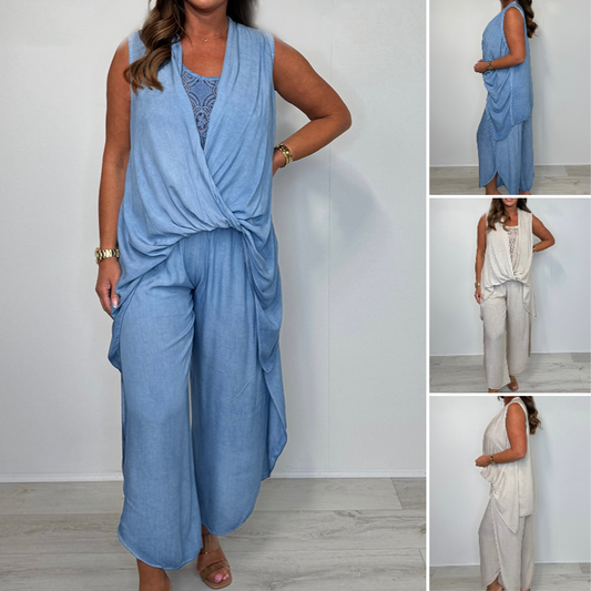 Lässiges Damen-Set mit ärmellosem Top und lockerer Hose – stilvoll in Uni-Farben