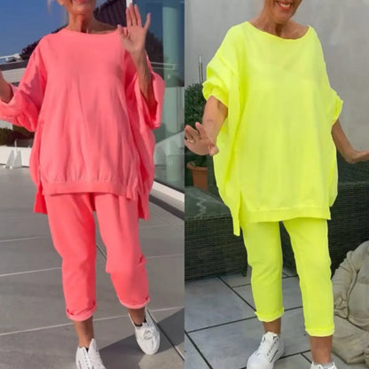 🥰Rundhalsausschnitt mit Schlitz. Fluoreszierender Freizeitanzug für Damen