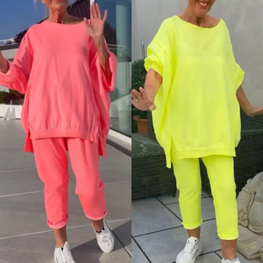 🥰Rundhalsausschnitt mit Schlitz. Fluoreszierender Freizeitanzug für Damen