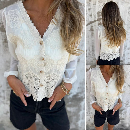 Damen Bluse mit V-Ausschnitt und Spitzenstickerei und langen Ärmeln