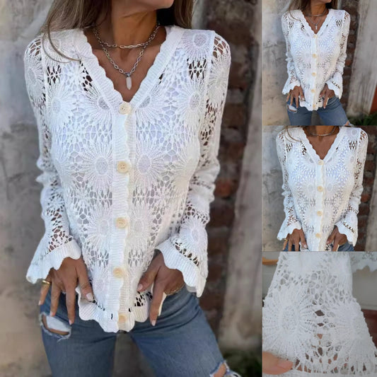 🌸Sommer Hot Sale 49%OFF🌸Women's Lace V-Neck Long Sleeve Top