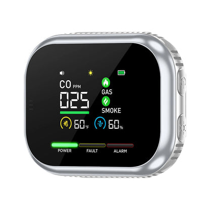 Detector de calidad del aire 6 en 1 🛡️ – Alarma de monóxido de carbono, gas combustible y humo, pantalla LCD, magnético, batería de respaldo – Seguridad para el hogar y caravanas