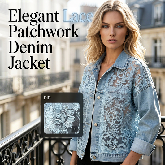 💙✨ ¡OFERTA 50% OFF! Chaqueta Vaquera con Encaje Floral – Estilo Elegante y Único
