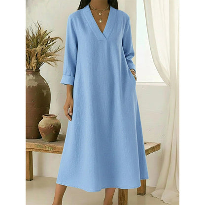 🌸☀️ ¡OFERTA 50% OFF! Vestido de Algodón y Lino con Cuello en V – Fresco y Elegante