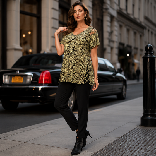 Camiseta Holgada de Mujer con Estampado de Leopardo y Escote en V