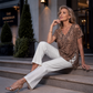 Camiseta Holgada de Mujer con Estampado de Leopardo y Escote en V