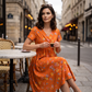 Vestido de mujer con cuello en V, estampado floral y cintura torcida