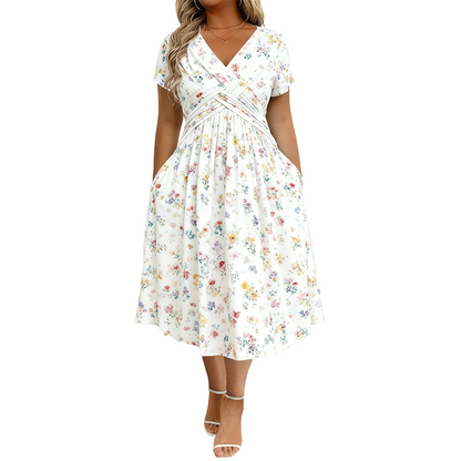 Vestido de mujer con cuello en V, estampado floral y cintura torcida