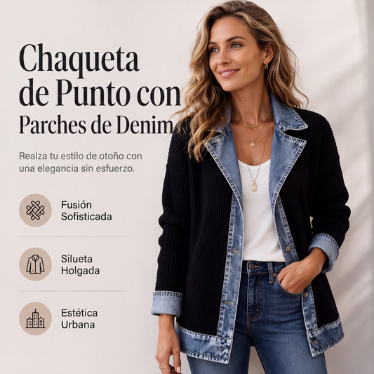 🧥🔥 50% OFF POR TIEMPO LIMITADO | Cazadora de Punto para Mujer con Parches de Mezclilla ✨ Diseño Moderno, Corte Cómodo y Estilo Urbano Sofisticado