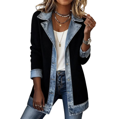 🧥🔥 50% OFF POR TIEMPO LIMITADO | Cazadora de Punto para Mujer con Parches de Mezclilla ✨ Diseño Moderno, Corte Cómodo y Estilo Urbano Sofisticado
