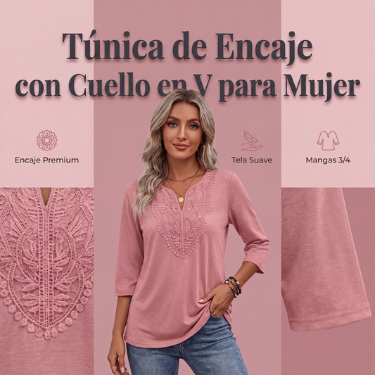 👚🔥 50% OFF POR TIEMPO LIMITADO | Blusa Túnica Elegante para Mujer con Cuello en V y Encaje ✨ Manga 3/4, Corte Holgado y Estilo Femenino Todo el Día