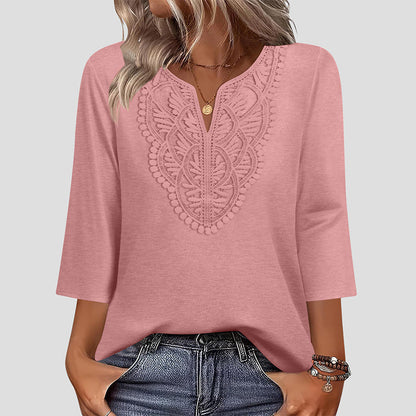 👚🔥 50% OFF POR TIEMPO LIMITADO | Blusa Túnica Elegante para Mujer con Cuello en V y Encaje ✨ Manga 3/4, Corte Holgado y Estilo Femenino Todo el Día